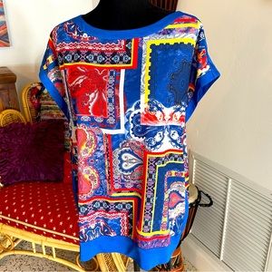 FINITY Designer Fine Clothing! Red White Blue Yellow Silk Pullover Top! 12